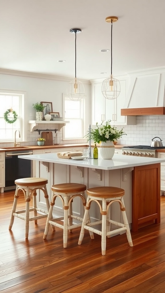 A functional kitchen island in a modern farmhouse setting, featuring a white countertop, wooden bar stools, and stylish pendant lighting.