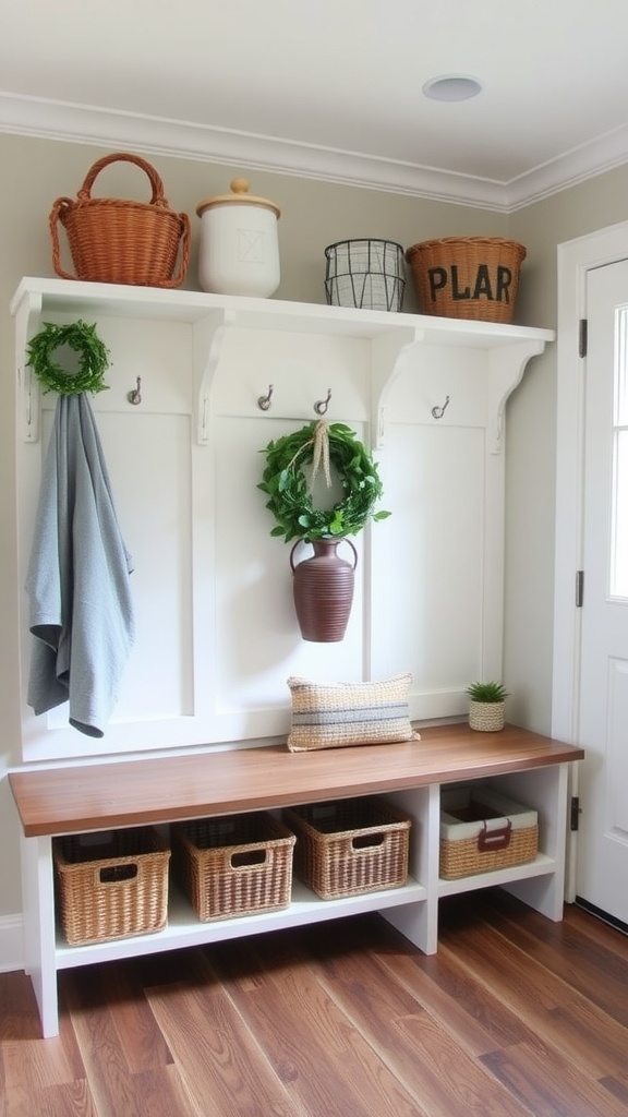 A functional mudroom with a bench, woven baskets, and hooks, embodying a farmhouse style.