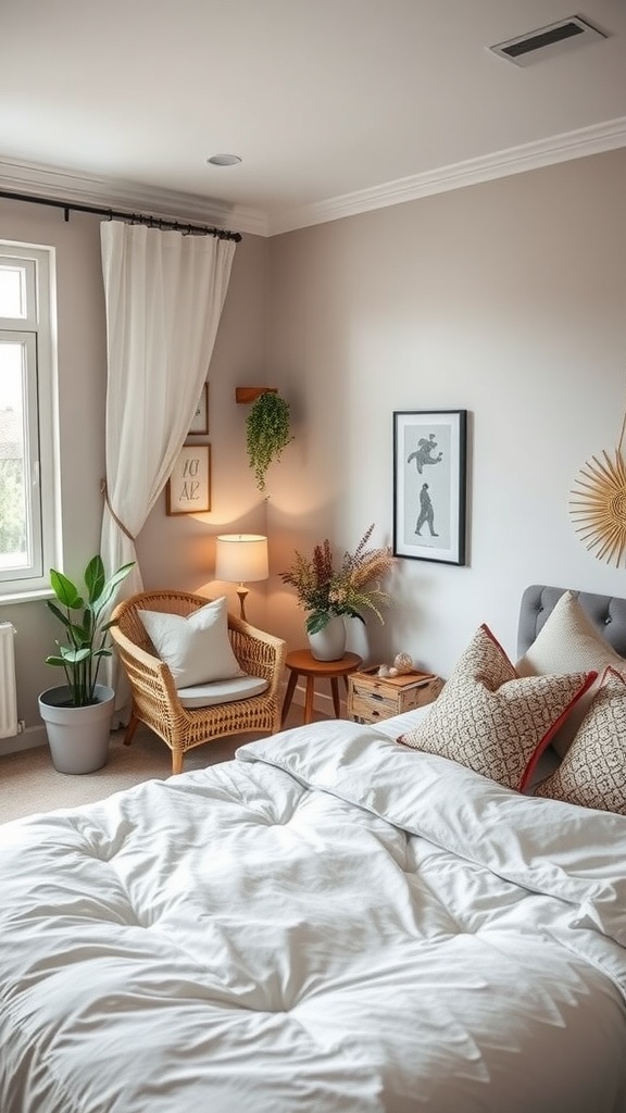 A cozy bedroom nook with a chair, lamp, and plants.