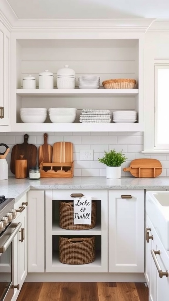 A modern farmhouse kitchen with open shelving displaying white dishware, wooden cutting boards, and baskets for storage.