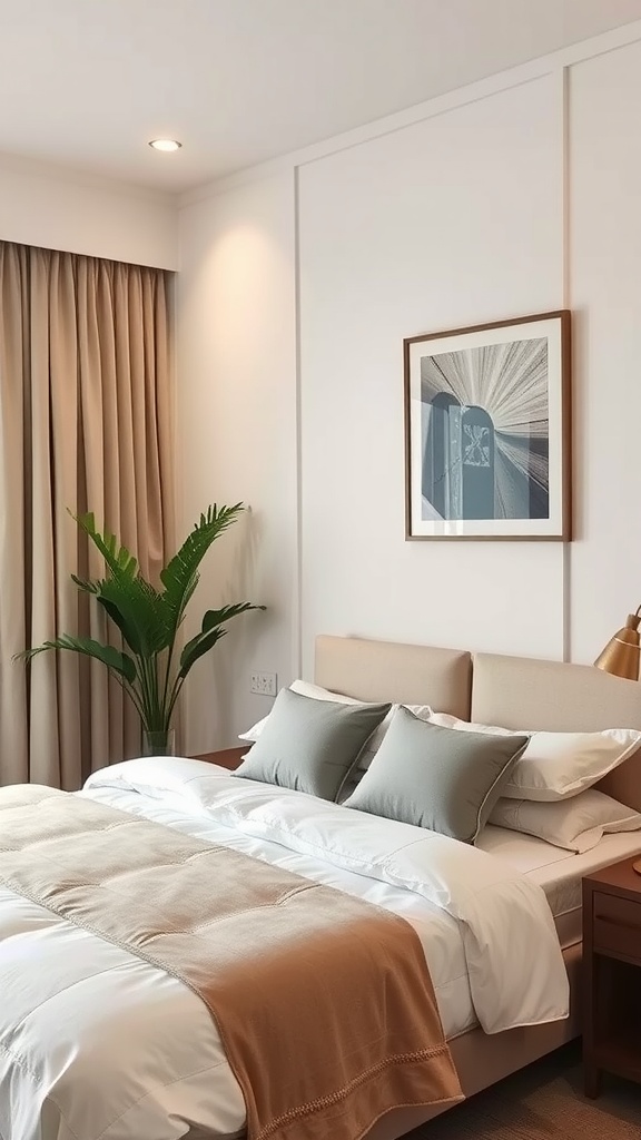 A chic bedroom featuring a cozy bed, stylish decor, and a potted plant, illustrating functionality and aesthetics.