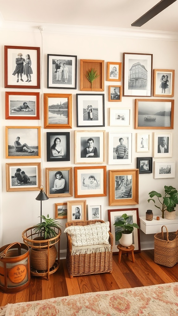 Gallery wall featuring framed family photographs in various styles, complemented by decorative plants and a cozy seating area.