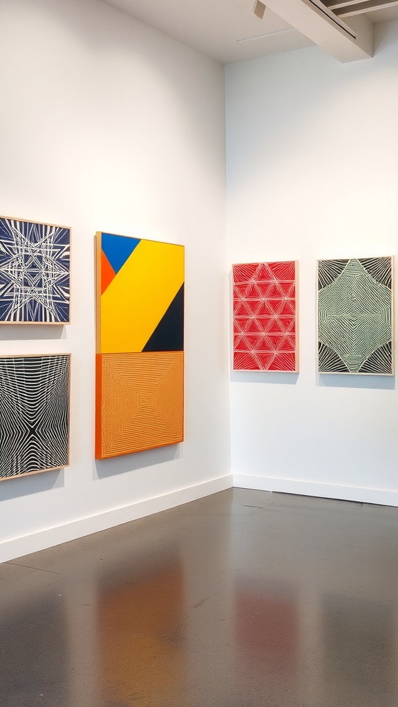 An artistic display of geometric wall art featuring vibrant colors and intricate patterns.