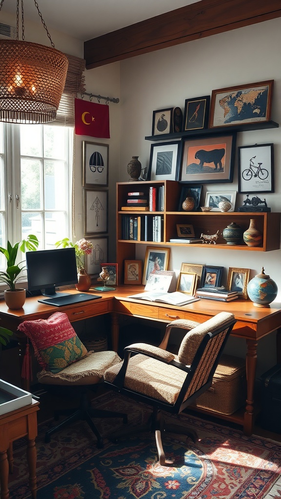 A cozy home office featuring global decor elements, wooden furniture, and a warm atmosphere.