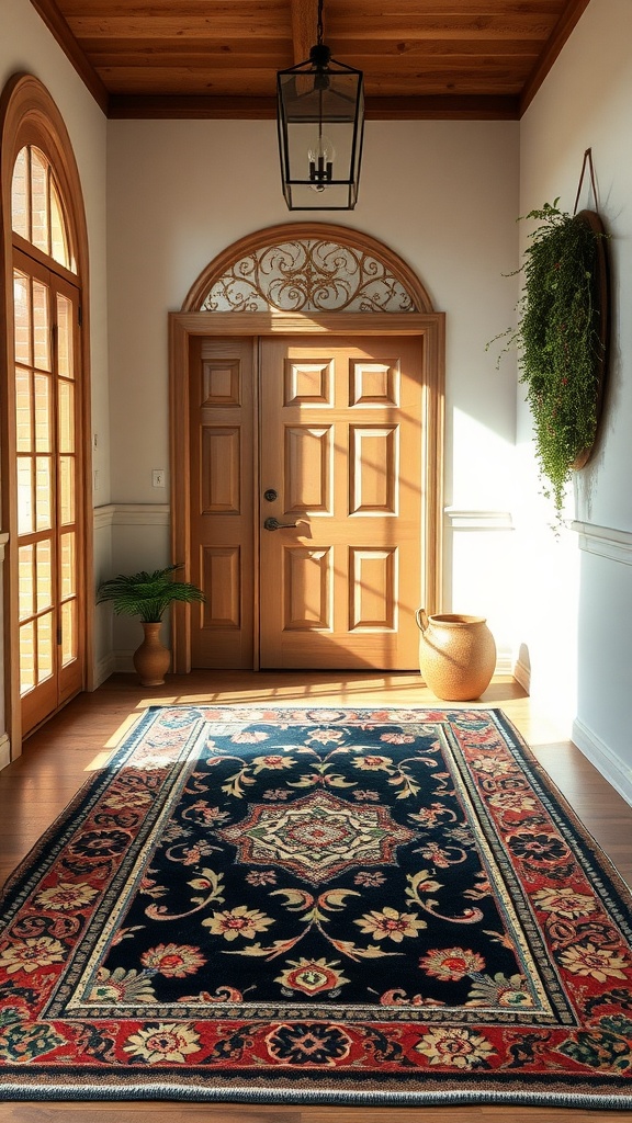 An elegant entryway with a dark, patterned area rug, wooden doors, and a potted plant.