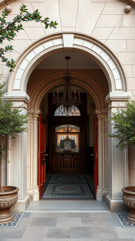 An elegant archway with red doors, adorned with plants, leading into a warmly lit interior.