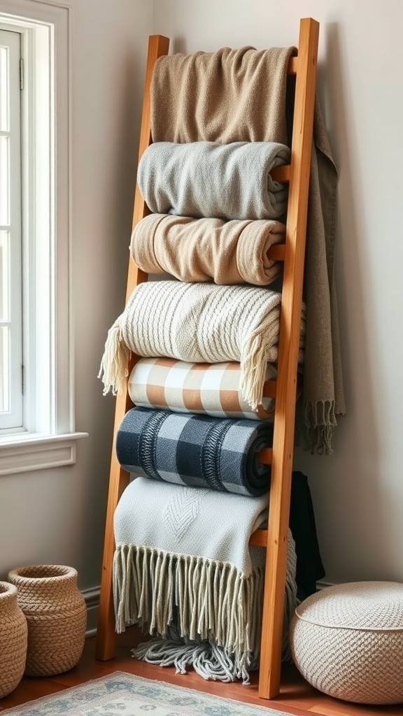 A wooden blanket ladder displaying various warm blankets in a cozy nook