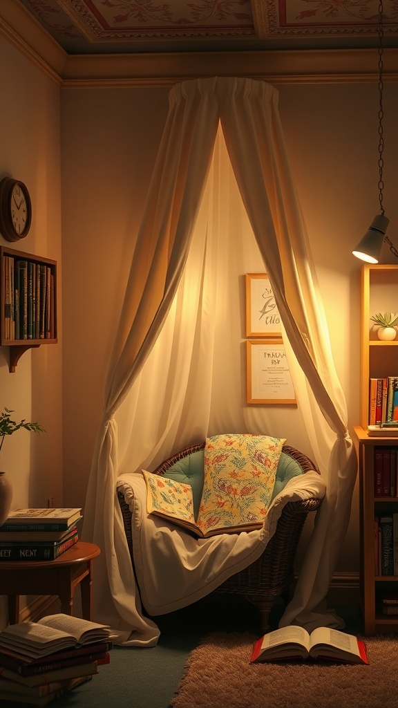 A cozy reading nook featuring a chair with a canopy, warm lighting, and books stacked nearby.