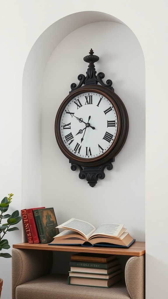 A classic round wall clock with Roman numerals, mounted in an alcove above a small shelf that holds several books.