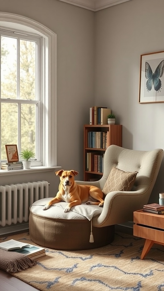 Cozy reading nook with a dog on a pet bed beside a comfortable chair.