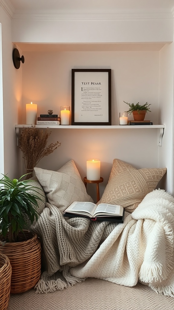 Cozy reading nook with pillows, blankets, candles, and a plant