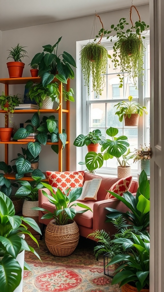 A cozy reading nook with a pink chair surrounded by various indoor plants.