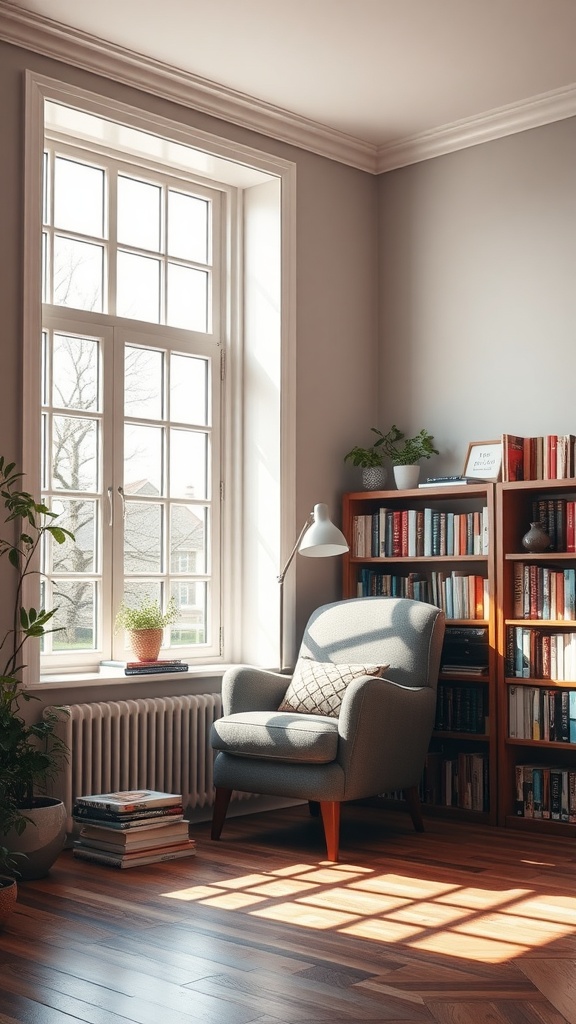 A cozy reading nook with a plush chair near a large window, showcasing natural light and a bookshelf.