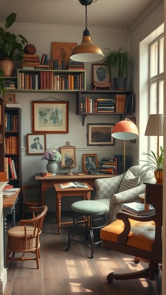 A cozy reading nook featuring vintage furniture and decor.