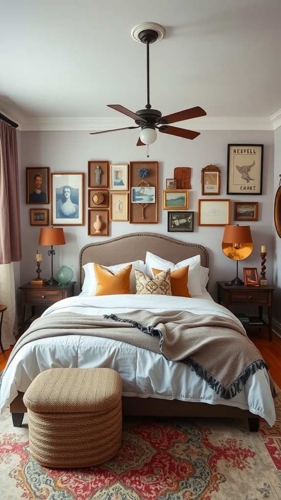 Chic bedroom with vintage decor, featuring a gallery wall of framed art, a cozy bed with textured pillows, and a woven ottoman.