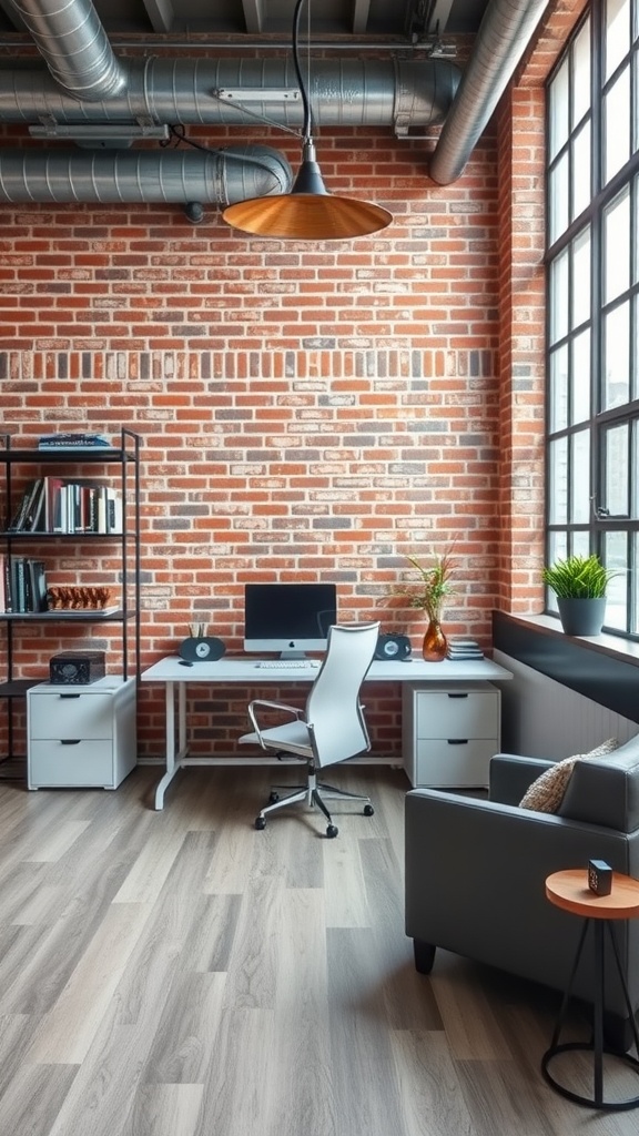 A modern home office featuring an exposed brick wall, sleek desk, and stylish decor.