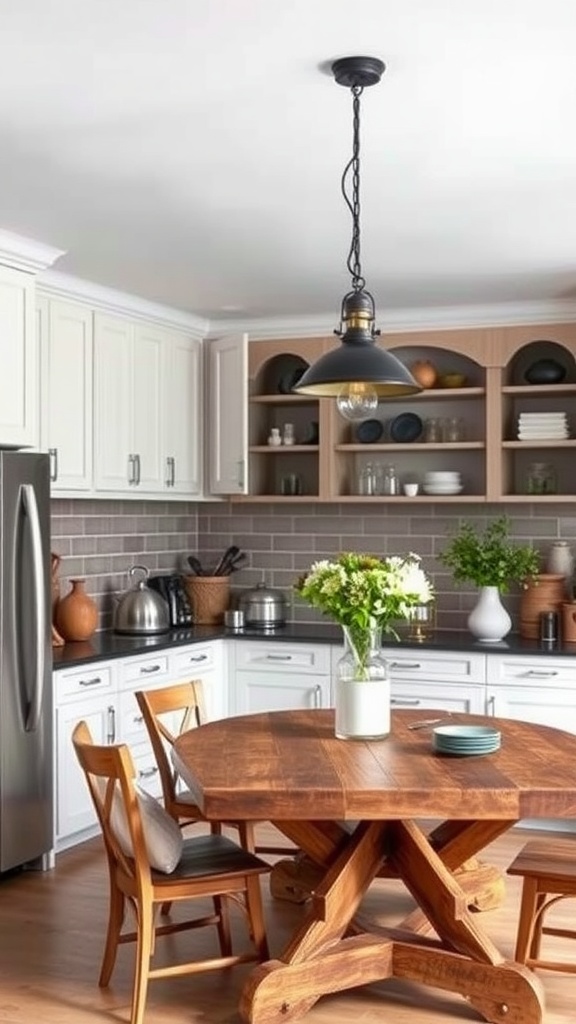 A kitchen featuring a black industrial pendant light hanging over a wooden dining table.