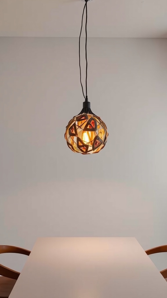 A unique pendant light hanging above a simple table in a modern setting.