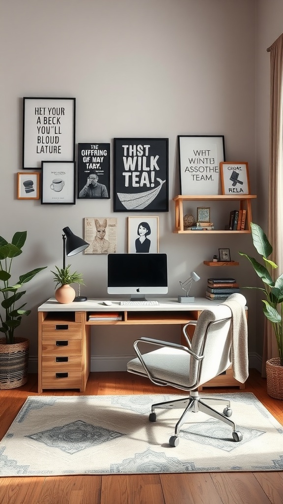 A modern workspace featuring a light wood desk with a computer, stylish chair, and artistic wall decor, enhanced by indoor plants.