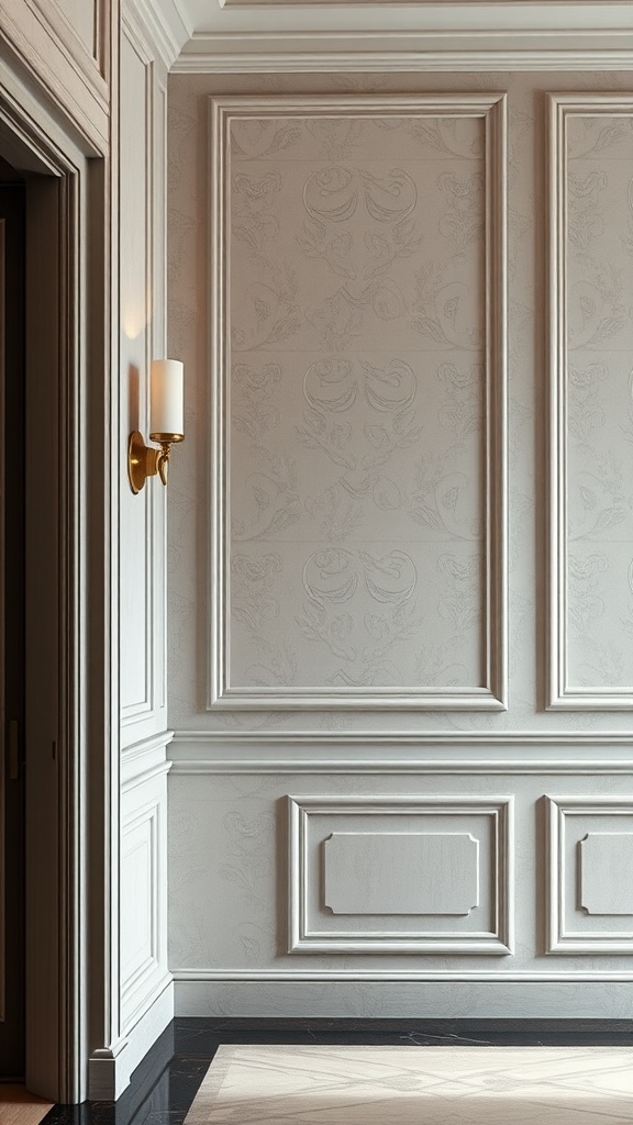 Elegant wall paneling with intricate designs in an entryway