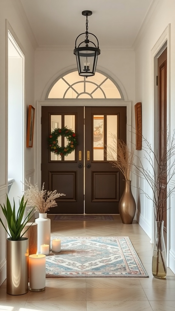 An elegant entryway with a welcoming atmosphere, featuring plants, candles, and soft lighting.