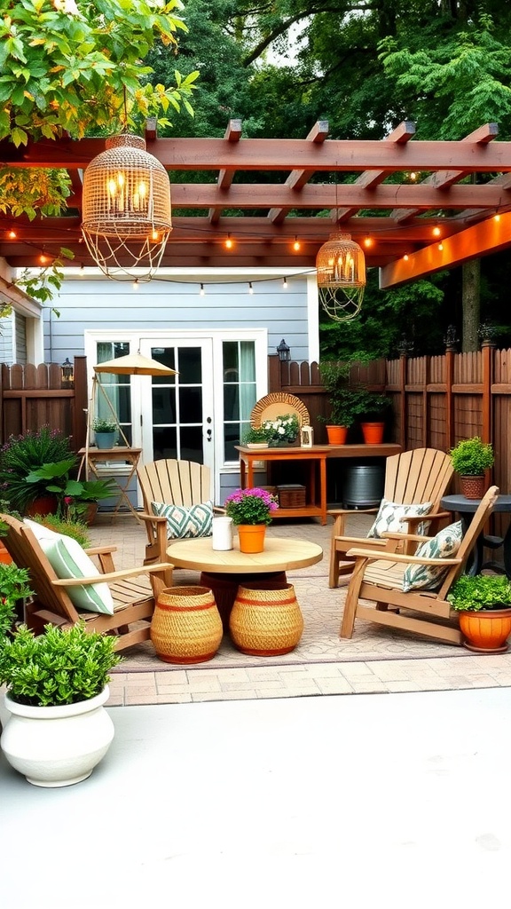 Inviting outdoor patio with wooden furniture, plants, and decorative lighting