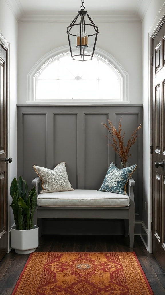 A cozy entryway with a stylish bench, decorative pillows, potted plants, and a colorful rug.