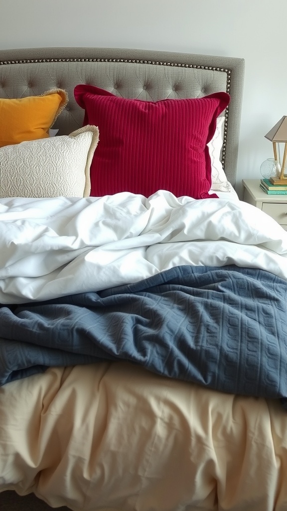 A bed with layered bedding featuring a mix of pillows and blankets in various colors.