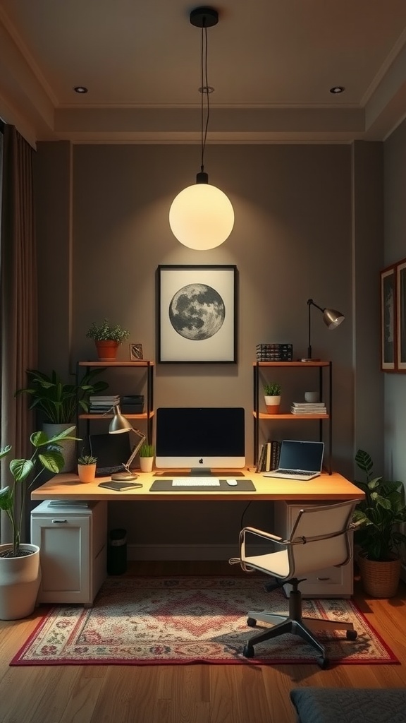 A cozy home office with layered lighting, featuring a central pendant light, desk lamp, plants, and a modern desk setup.