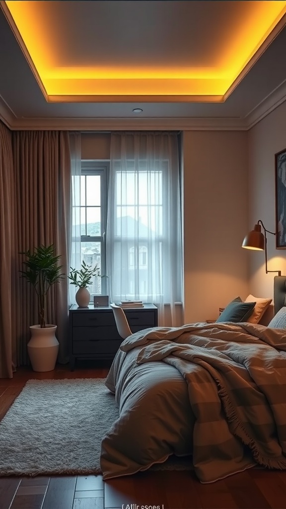 A cozy bedroom featuring layered lighting with warm ceiling lights and a floor lamp, along with soft textiles and natural light from a window.