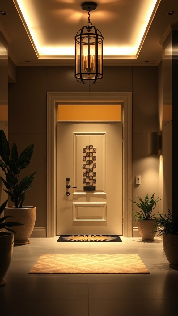 A well-lit entryway featuring layered lighting with a pendant light and soft ceiling lights.