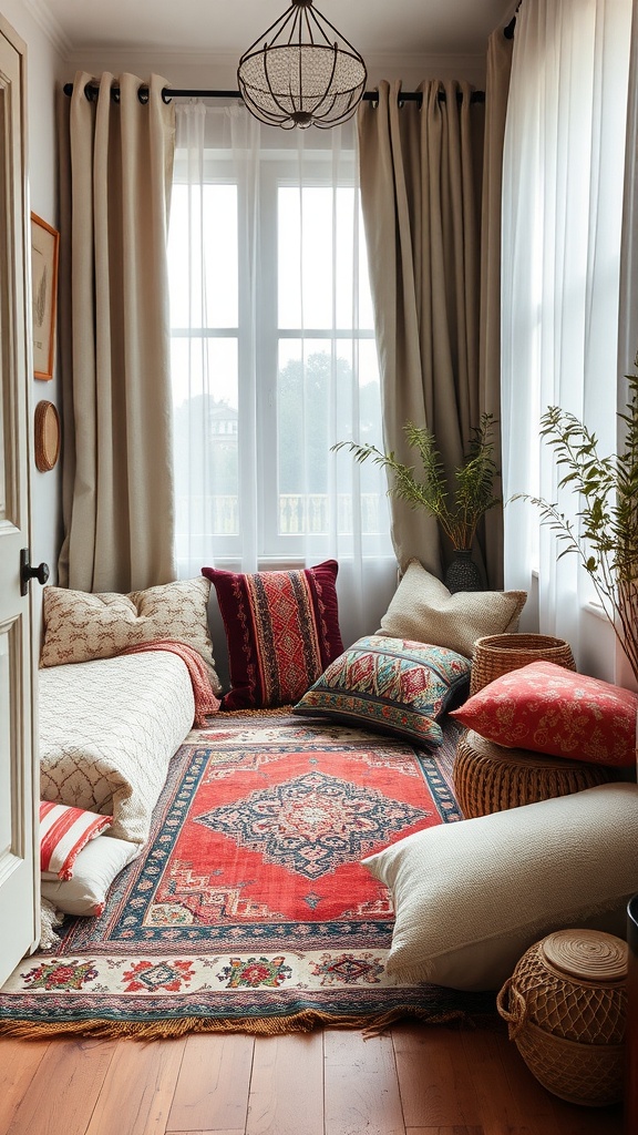 Cozy corner with layered cushions, a colorful rug, and natural light streaming through the windows.