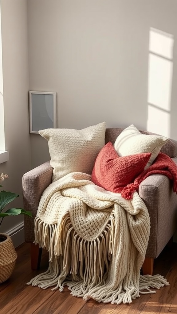 A cozy reading nook featuring a chair with layered textiles, including cushions and a warm throw blanket.