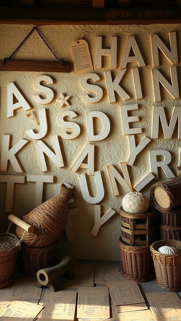 A wall with wooden letters forming words and various woven baskets on the floor.