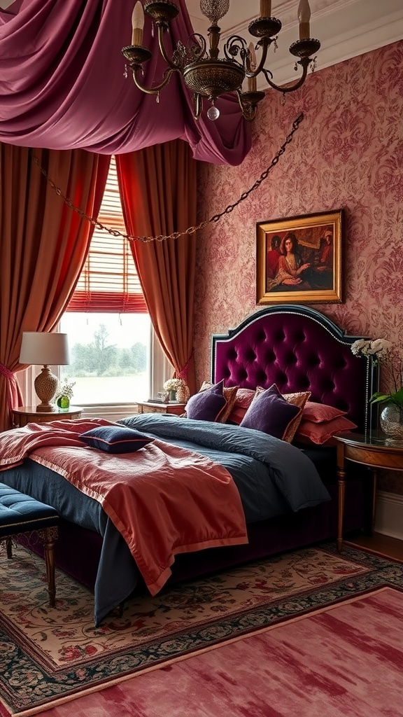 A chic bedroom featuring a plush velvet headboard, layered curtains, and an elegant color palette.