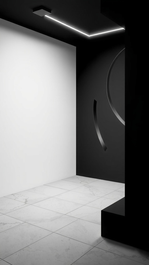 A minimalist monochrome room with black and white walls and marble flooring.