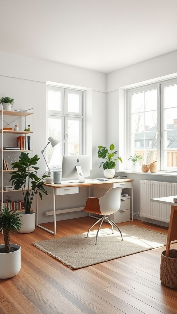 A bright and airy Scandinavian style home office featuring a minimalistic desk, plants, and large windows.