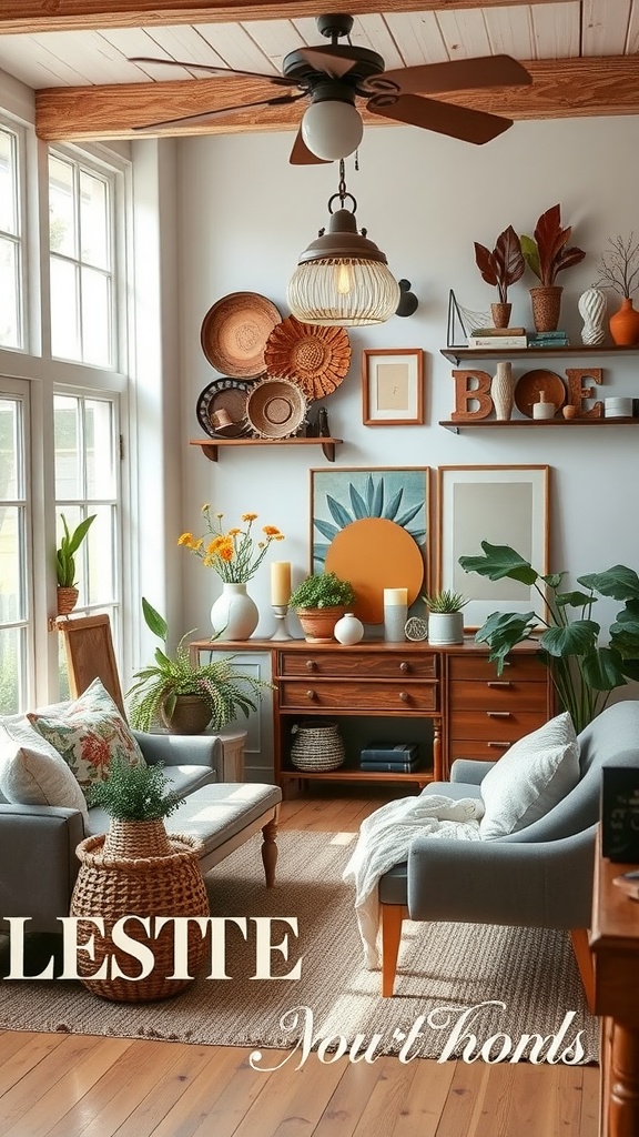 A cozy living room featuring eclectic decor elements with plants, artwork, and comfortable seating.