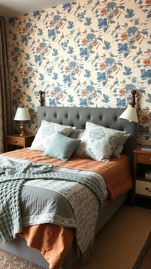 A stylish bedroom featuring a floral wallpaper, a neatly made bed with various textured pillows and blankets.