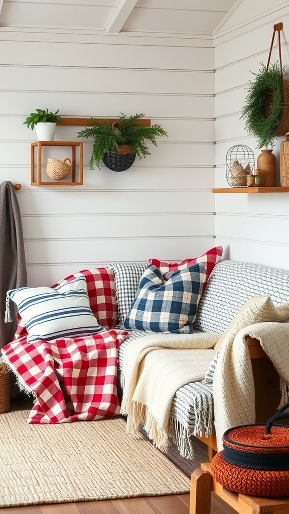 Cozy living room corner featuring a sofa with striped and plaid pillows, surrounded by plants and natural decor elements.