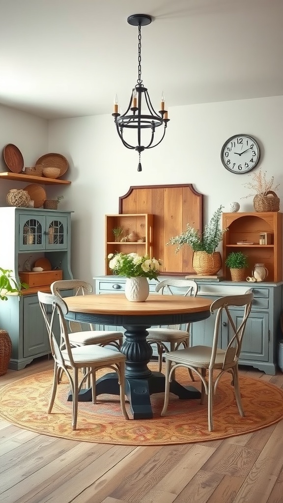 Cozy dining room featuring a vintage round wooden table with modern chairs, rustic light fixture, and vintage cabinetry.