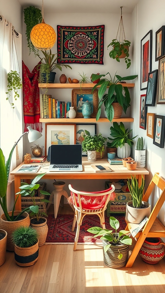 Modern Bohemian home office with plants, colorful decor, and a wooden desk