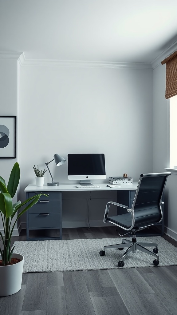 A minimalist home office with a monochromatic palette featuring a gray desk, chair, and plants.