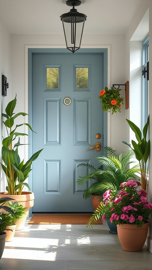 A blue front door surrounded by various potted plants and flowers in an entryway