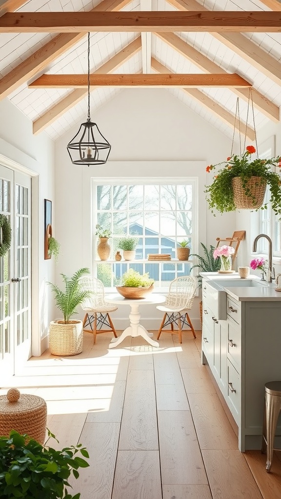 A bright and airy farmhouse-style room with large windows, natural light, and plants.