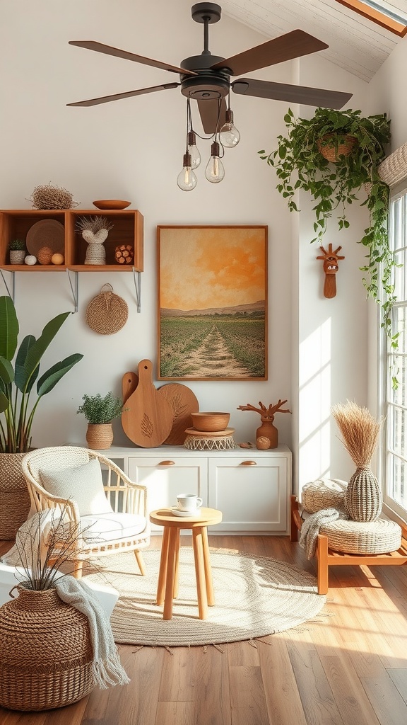 Cozy indoor space featuring nature-inspired decor with earthy tones and greenery.