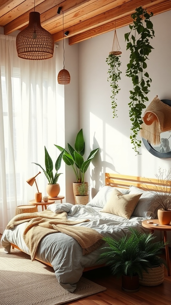 A cozy bedroom with natural decor elements, featuring plants, warm wood tones, and soft bedding.