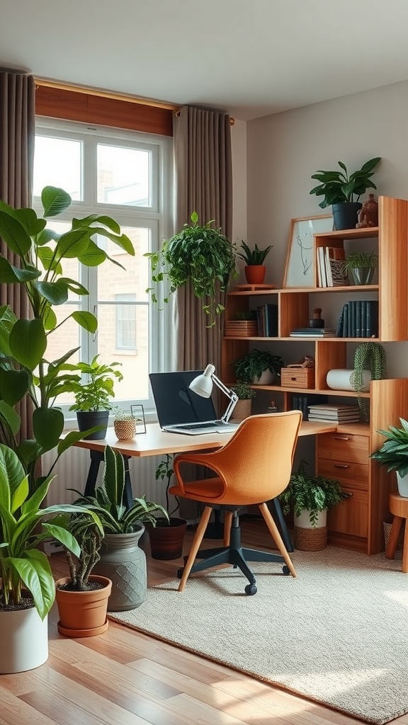 A bright home office featuring a wooden desk, orange chair, and various indoor plants creating a nature-inspired workspace.