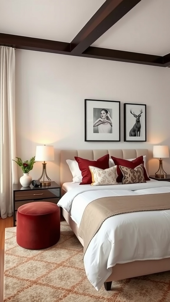 A chic bedroom featuring neutral tones and bold red accents, showcasing stylish decor elements.