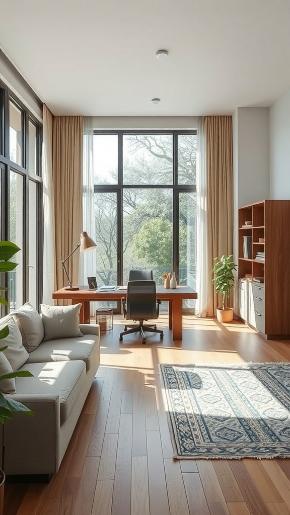 A stylish open-plan home office with large windows, a wooden desk, a comfortable chair, a sofa, and plants.